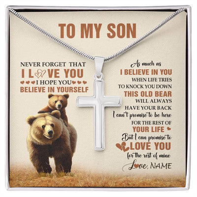 Stainless Cross Necklace Stainless Steel | 1 | Personalized To My Son Necklace From Mom Dad Mother Father This Old Bear Love You Son Birthday Gifts Graduation Christmas Customized Gift Box Message Card | siriusteestore
