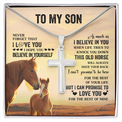 Stainless Cross Necklace Stainless Steel | 1 | Personalized To My Son Necklace From Mom Dad Mother Father This Old Horse Love You Son Birthday Gifts Graduation Christmas Customized Gift Box Message Card | siriusteestore