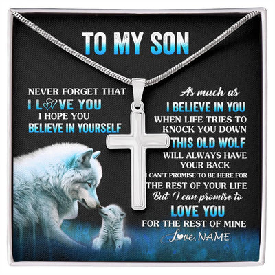 Stainless Cross Necklace Stainless Steel | 1 | Personalized To My Son Necklace From Mom Dad Mother Father This Old Wolf Love Son Birthday Gifts Graduation Christmas Customized Gift Box Message Card | siriusteestore