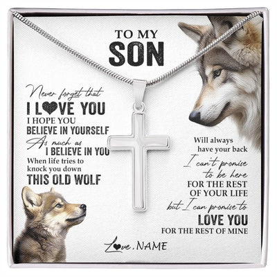 Stainless Cross Necklace Stainless Steel | 1 | Personalized To My Son Necklace From Mom Dad Mother Father This Old Wolf Love You Son Birthday Graduation Christmas Customized Gift Box Message Card | siriusteestore