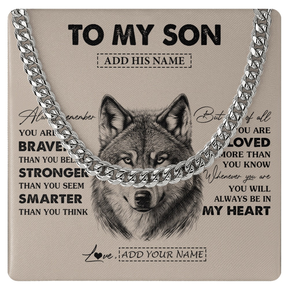 Cuban Link Chain Necklace Stainless Steel | 1 | Personalized To My Son Necklace From Mom Dad Mother Father Wolf Braver Stronger Smarter Son Birthday Graduation Christmas Customized Gift Box Message Card | siriusteestore.myshopify