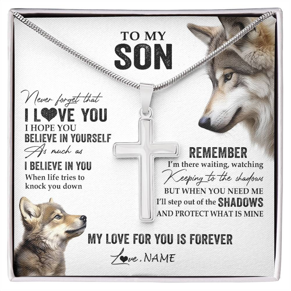 Stainless Cross Necklace Stainless Steel | 1 | Personalized To My Son Necklace From Mom Dad Mother Father Wolf My Love For You Is Forever Son Birthday Graduation Christmas Customized Gift Box Message Card | siriusteestore