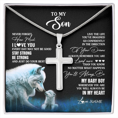 Stainless Cross Necklace Stainless Steel | 1 | Personalized To My Son Necklace From Mom Dad Mother Father Wolf Never Forget How Much I Love You Son Birthday Gifts Christmas Customized Gift Box Message Card | siriusteestore
