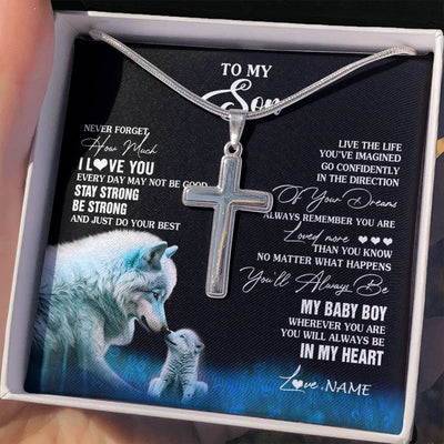 Stainless Cross Necklace Stainless Steel | 2 | Personalized To My Son Necklace From Mom Dad Mother Father Wolf Never Forget How Much I Love You Son Birthday Gifts Christmas Customized Gift Box Message Card | siriusteestore