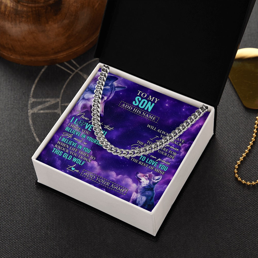 Cuban Link Chain Necklace Stainless Steel | 2 | Personalized To My Son Necklace From Mom Dad Mother Father Wolf Never Forget I Love You Son Birthday Gifts Graduation Christmas Custom Gift Box Message Card Shirt & Hoodie | https://siriusteestore.