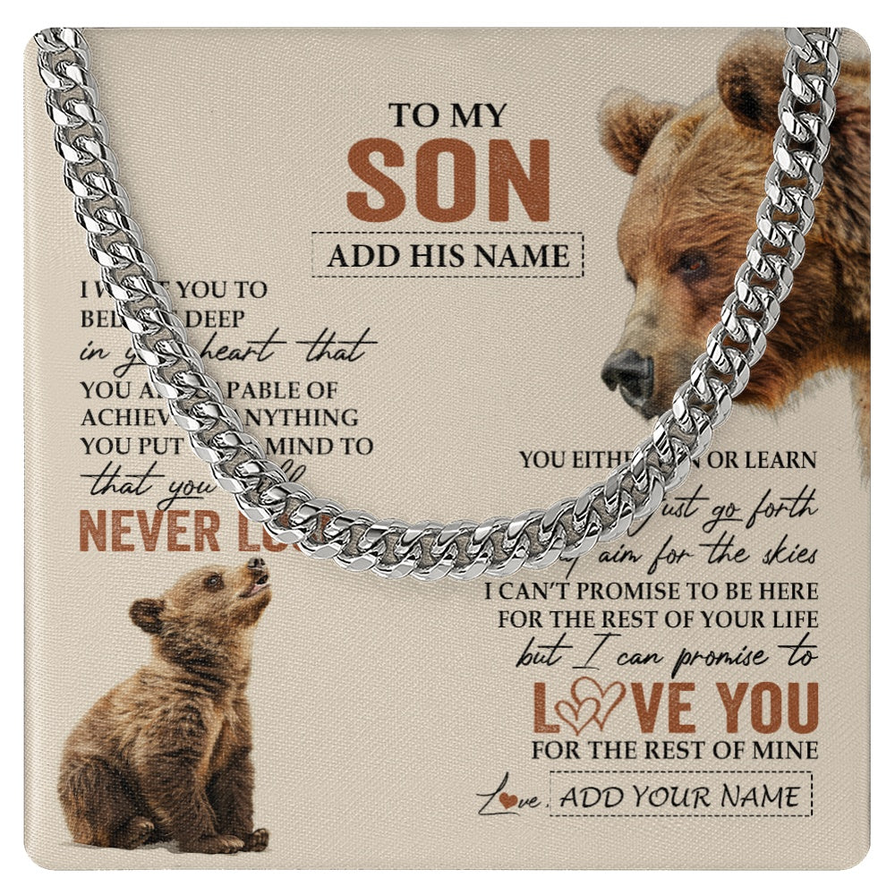 Cuban Link Chain Necklace Stainless Steel | 1 | Personalized To My Son Necklace From Mom Dad Mother Father You Will Never Lose Bear Son Birthday Gifts Graduation Christmas Customized Gift Box Message Card | siriusteestore.myshopify