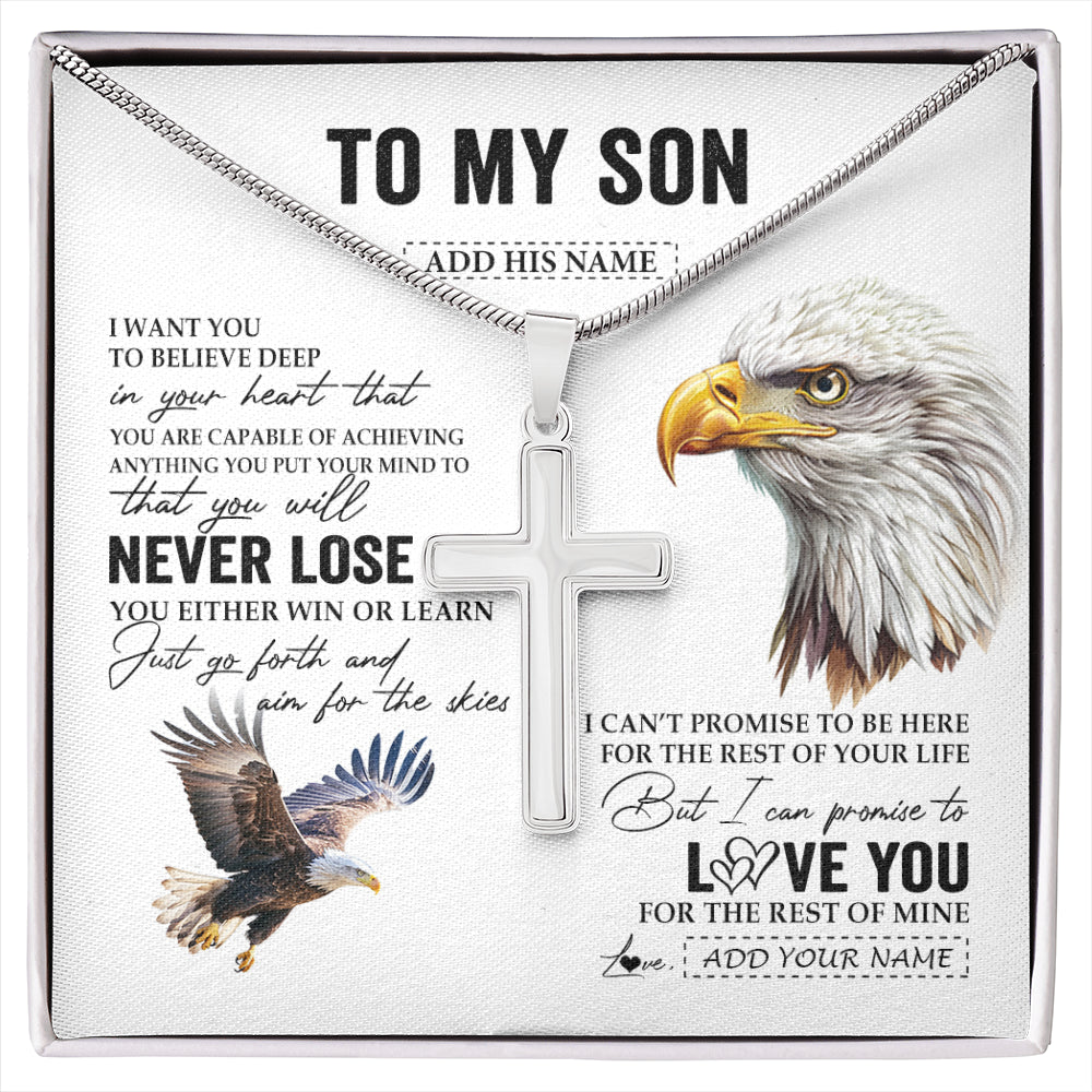Stainless Cross Necklace Stainless Steel | 1 | Personalized To My Son Necklace From Mom Dad Mother Father You Will Never Lose Eagle Son Birthday Gifts Graduation Christmas Customized Gift Box Message Card | siriusteestore