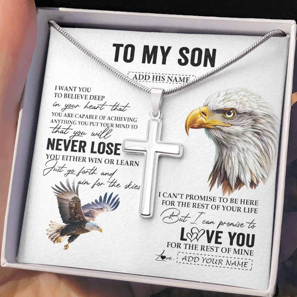 Stainless Cross Necklace Stainless Steel | 2 | Personalized To My Son Necklace From Mom Dad Mother Father You Will Never Lose Eagle Son Birthday Gifts Graduation Christmas Customized Gift Box Message Card | siriusteestore
