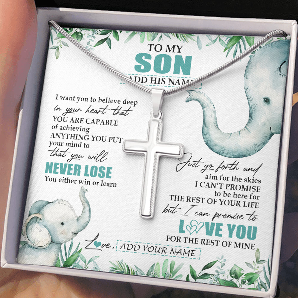 Stainless Cross Necklace Stainless Steel | 2 | Personalized To My Son Necklace From Mom Dad Mother Father You Will Never Lose Elephant Son Birthday Gifts Graduation Christmas Custom Gift Box Message Card | siriusteestore