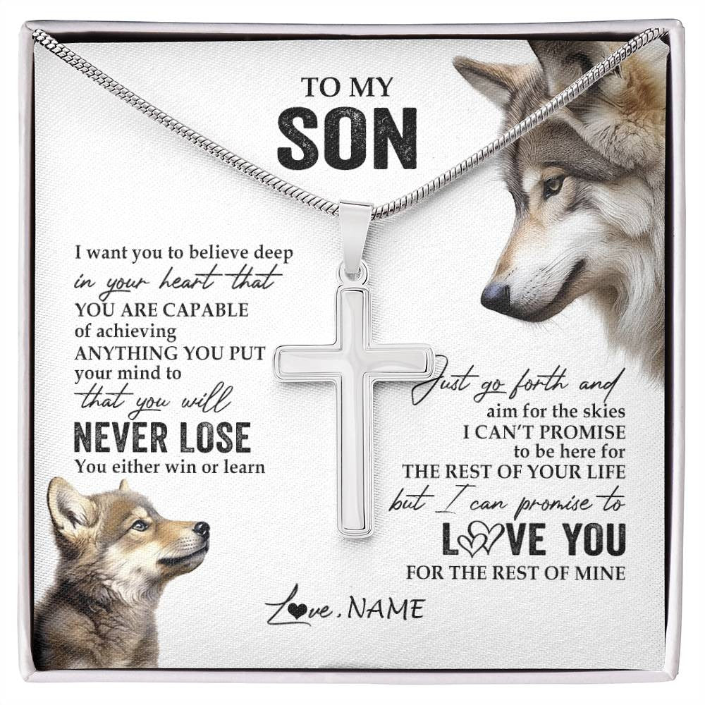 Stainless Cross Necklace Stainless Steel | 1 | Personalized To My Son Necklace From Mom Dad Mother Father You Will Never Lose Wolf Son Birthday Graduation Christmas Customized Gift Box Message Card | siriusteestore