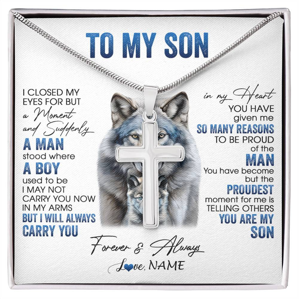 Stainless Cross Necklace Stainless Steel | 1 | Personalized To My Son Necklace From Mom Dad Mother I Close My Eyes For But A Moment Wolf Son Birthday Gifts Christmas Customized Gift Box Message Card | siriusteestore