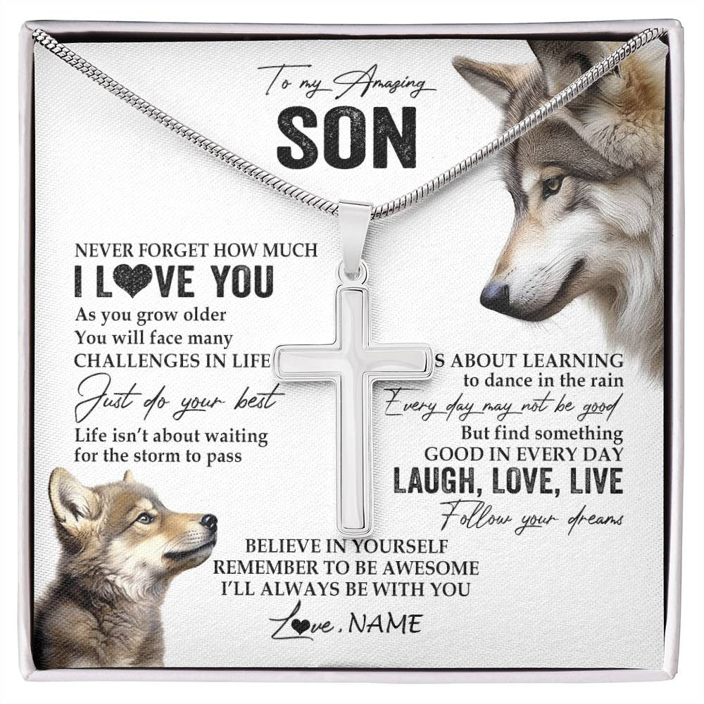 Stainless Cross Necklace Stainless Steel | 1 | Personalized To My Son Necklace From Mom Dad Mother Just Do You Best Laugh Love Live Wolf Son Birthday Graduation Christmas Customized Gift Box Message Card | siriusteestore