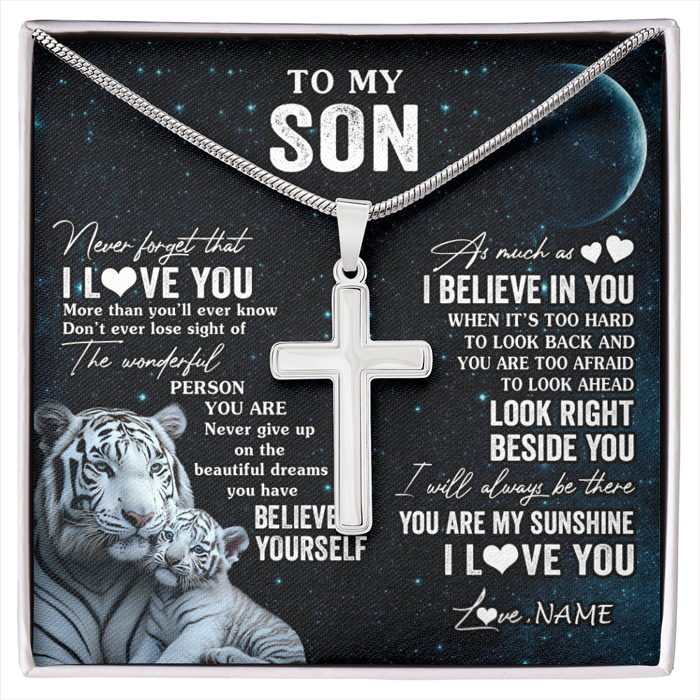 Stainless Cross Necklace Stainless Steel | 1 | Personalized To My Son Necklace From Mom Dad Mother Never Forget I Love You White Tiger Son Birthday Graduation Christmas Customized Gift Box Message Card | siriusteestore
