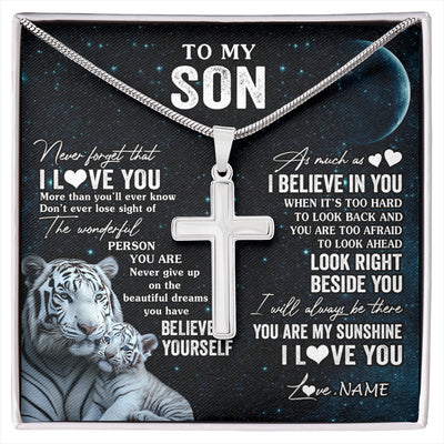 Stainless Cross Necklace Stainless Steel | 1 | Personalized To My Son Necklace From Mom Dad Mother Never Forget I Love You White Tiger Son Birthday Graduation Christmas Customized Gift Box Message Card | siriusteestore