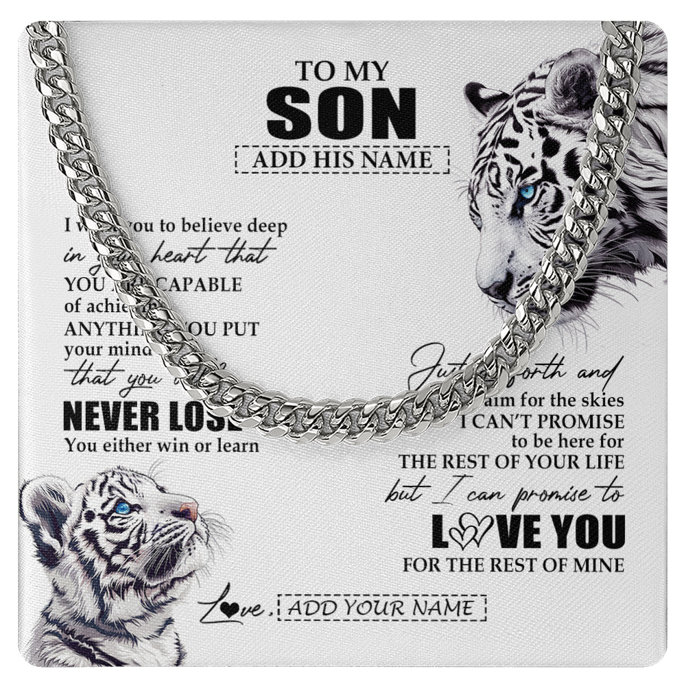 Cuban Link Chain Necklace Stainless Steel | 1 | Personalized To My Son Necklace From Mom Dad Mother You Will Never Lose White Tiger Son Birthday Gifts Graduation Christmas Customized Gift Box Message Card | siriusteestore