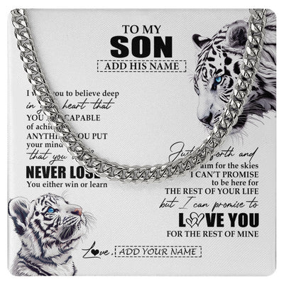 Cuban Link Chain Necklace Stainless Steel | 1 | Personalized To My Son Necklace From Mom Dad Mother You Will Never Lose White Tiger Son Birthday Gifts Graduation Christmas Customized Gift Box Message Card | siriusteestore