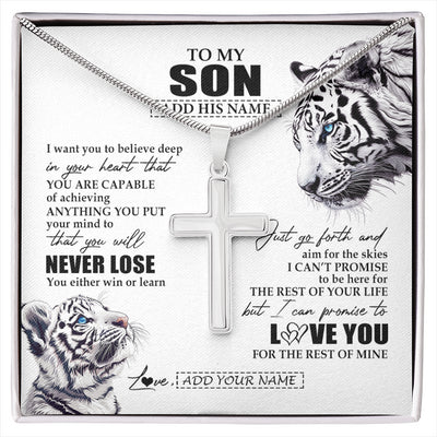 Stainless Cross Necklace Stainless Steel | 1 | Personalized To My Son Necklace From Mom Dad Mother You Will Never Lose White Tiger Son Birthday Gifts Graduation Christmas Customized Gift Box Message Card | siriusteestore