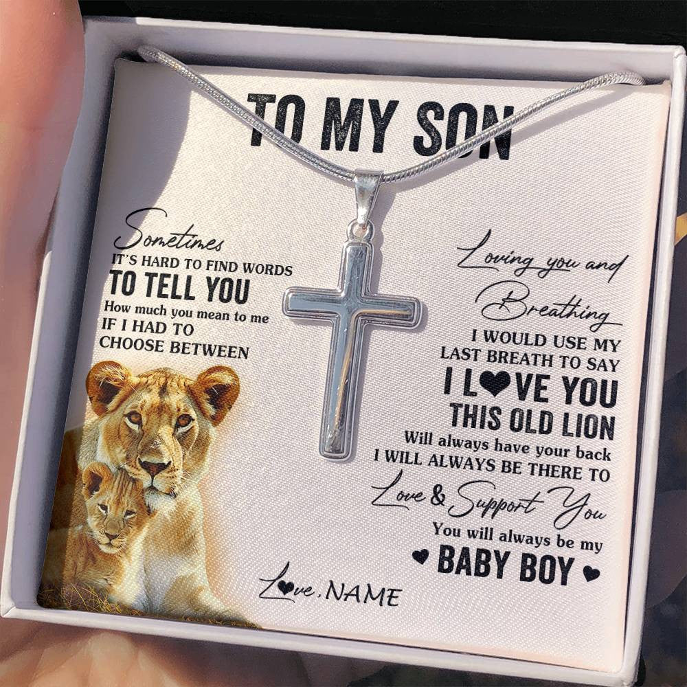 Stainless Cross Necklace Stainless Steel | 2 | Personalized To My Son Necklace From Mom Mother I Love You This Old Lion Son Birthday Graduation Christmas Customized Gift Box Message Card | siriusteestore