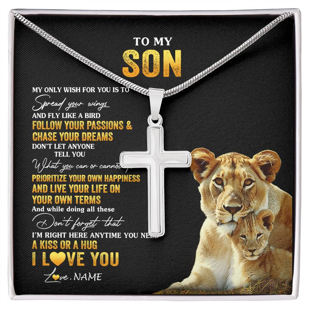 Stainless Cross Necklace Stainless Steel | 1 | Personalized To My Son Necklace From Mom Mother Lion My Only Wish For You Son Birthday Graduation Christmas Customized Gift Box Message Card | siriusteestore