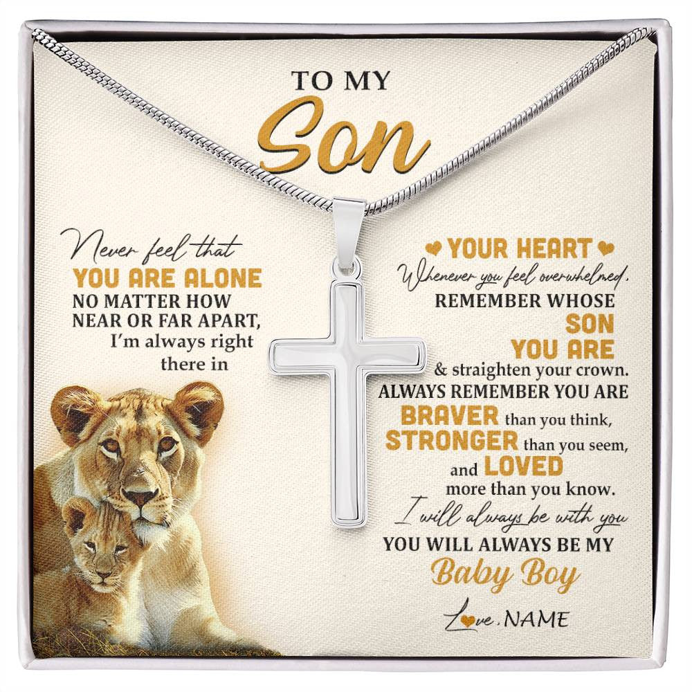 Stainless Cross Necklace Stainless Steel | 1 | Personalized To My Son Necklace From Mom Mother Lion Never Feel That You Are Alone Great Son Birthday Christmas Customized Gift Box Message Card | siriusteestore