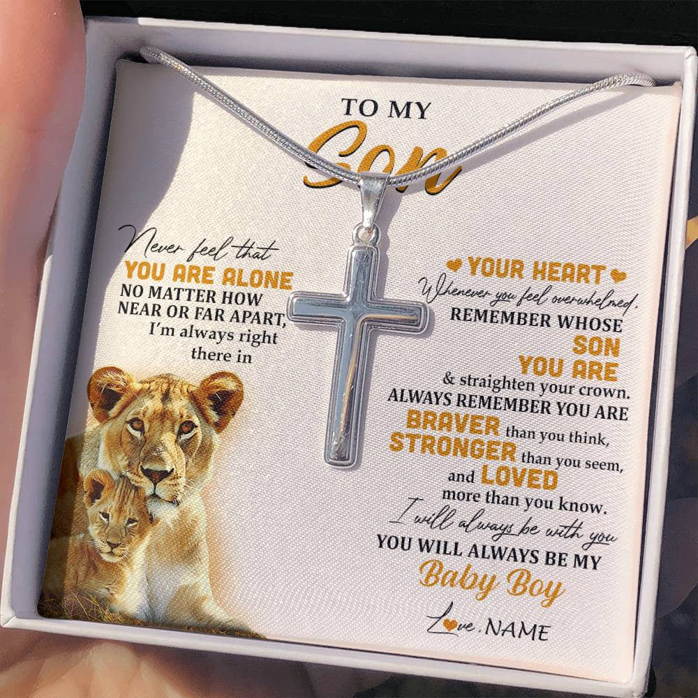 Stainless Cross Necklace Stainless Steel | 2 | Personalized To My Son Necklace From Mom Mother Lion Never Feel That You Are Alone Great Son Birthday Christmas Customized Gift Box Message Card | siriusteestore
