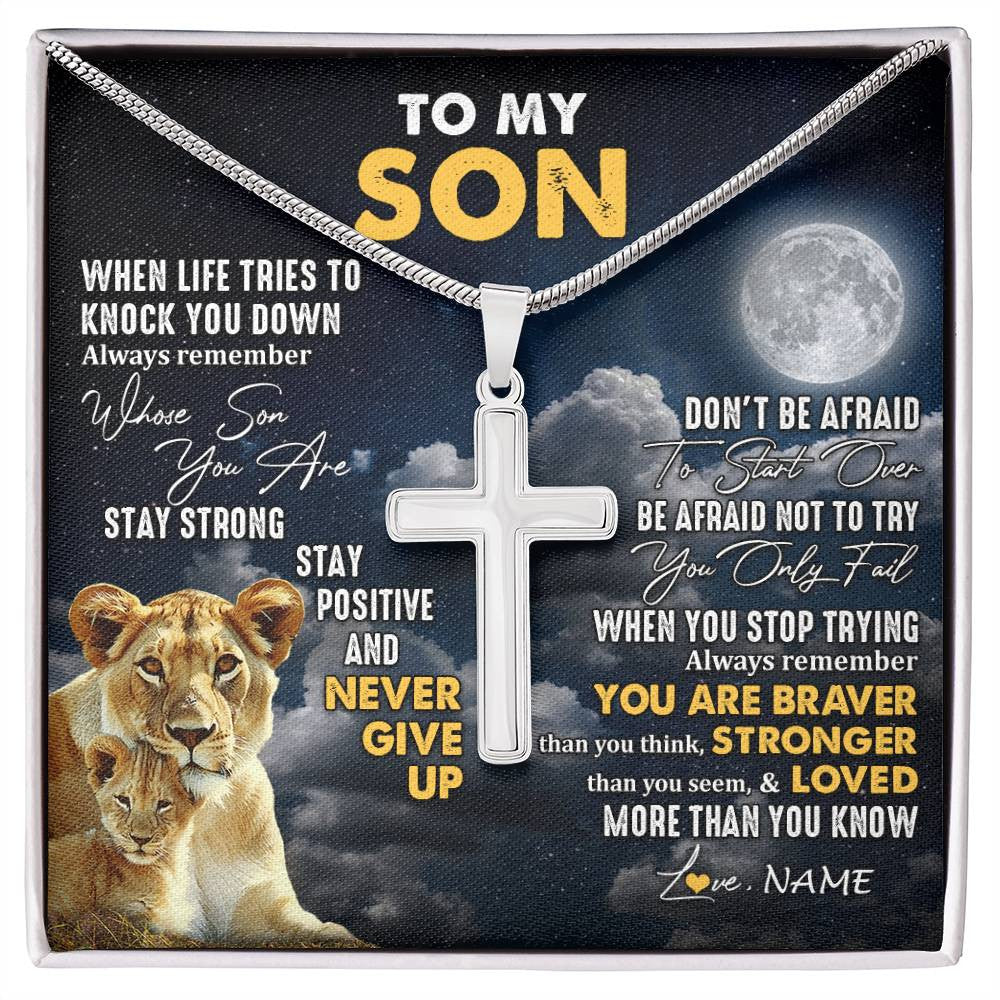 Stainless Cross Necklace Stainless Steel | 1 | Personalized To My Son Necklace From Mom Mother Lion Never Give Up Son Birthday Graduation Christmas Jewelry Customized Gift Box Message Card | siriusteestore