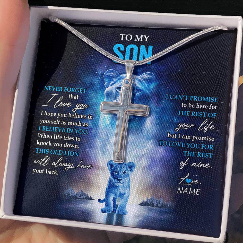 Stainless Cross Necklace Stainless Steel | 2 | Personalized To My Son Necklace From Mom Mother Never Forget I Love You Lion Son Jewelry Birthday Graduation Christmas Customized Message Card | siriusteestore