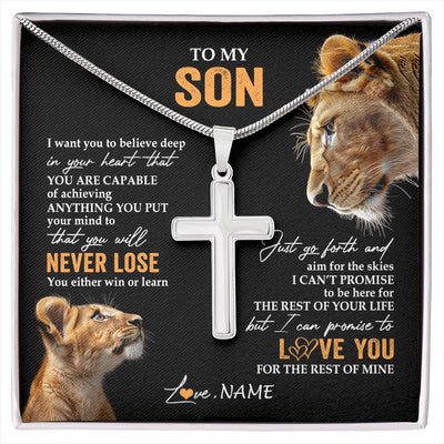 Stainless Cross Necklace Stainless Steel | 1 | Personalized To My Son Necklace From Mom Mother You Will Never Lose Lion Son Birthday Gifts Graduation Christmas Customized Gift Box Message Card | siriusteestore