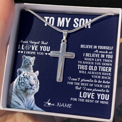 Stainless Cross Necklace Stainless Steel | 2 | Personalized To My Son Necklace Gift From Mom Dad Mother This Old Tiger Love You Son Birthday Graduation Christmas Custom Customized Gift Box Message Card | siriusteestore