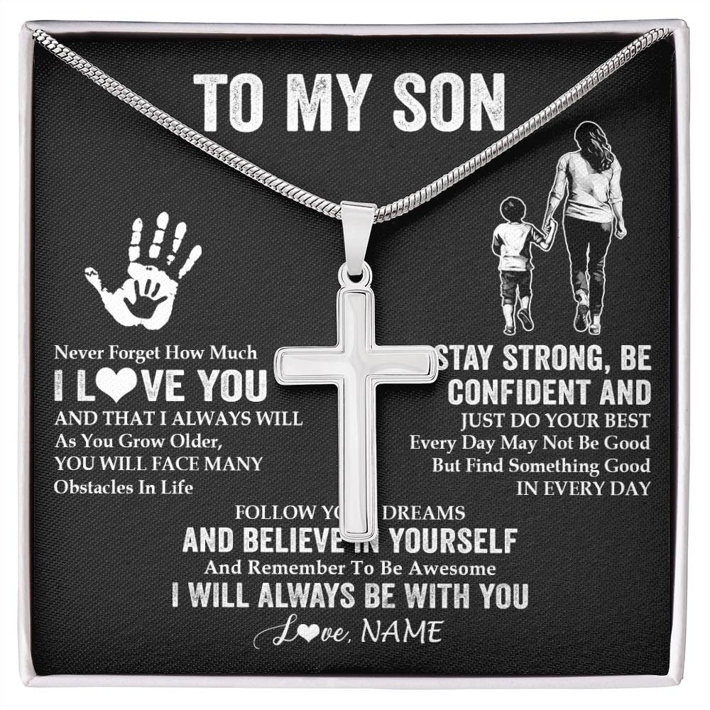 Stainless Cross Necklace Stainless Steel | 1 | Personalized To My Son Necklace I Love You Forever From Mom Mother Son Birthday Gifts Christmas Thanksgiving Graduation Customized Gift Box Message Card | siriusteestore