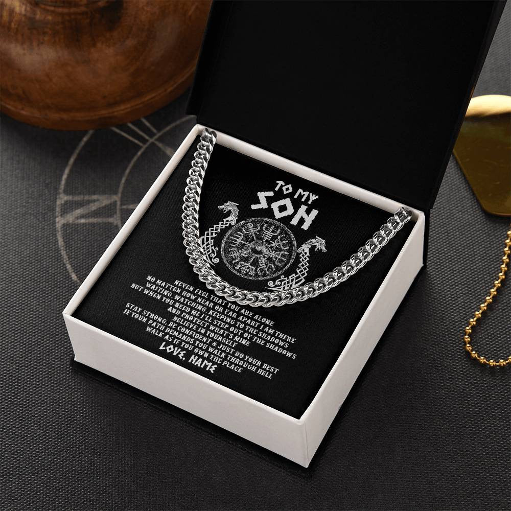 Cuban Link Chain Necklace Stainless Steel | 2 | Personalized To My Son Necklace Viking Never Feel You Are Alone Odin Scandinavian Norse Runes End Son Birthday Christmas Customized Gift Box Message Card | siriusteestore