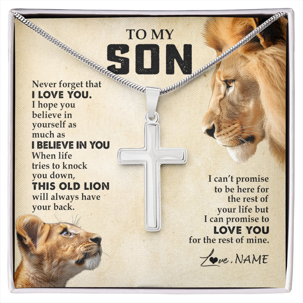 Stainless Cross Necklace Stainless Steel | 1 | Personalized To My Son Necklace from Dad Father Never Forget I Love You Lion Son Birthday Graduation Christmas Jewelry Customized Gift Box Message Card | siriusteestore
