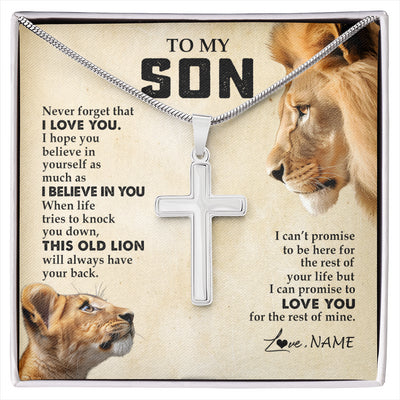 Stainless Cross Necklace Stainless Steel | 1 | Personalized To My Son Necklace from Dad Father Never Forget I Love You Lion Son Birthday Graduation Christmas Jewelry Customized Gift Box Message Card | siriusteestore