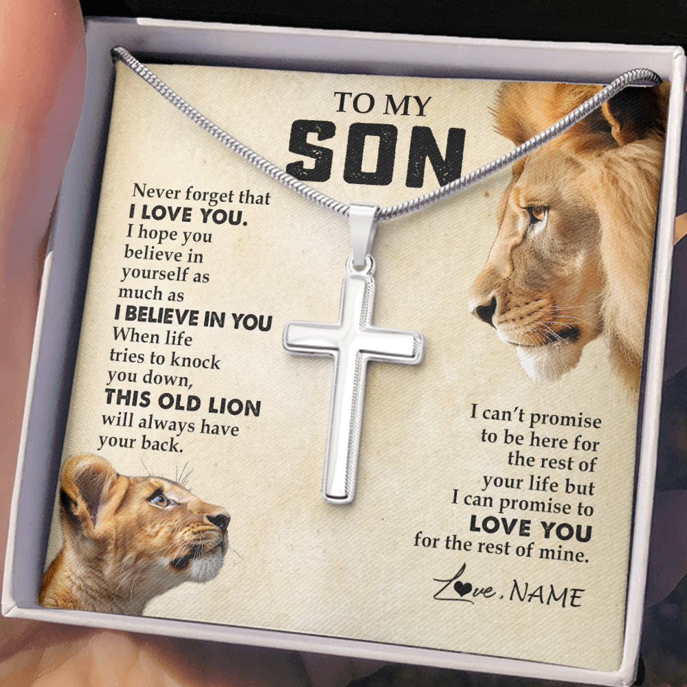 Stainless Cross Necklace Stainless Steel | 2 | Personalized To My Son Necklace from Dad Father Never Forget I Love You Lion Son Birthday Graduation Christmas Jewelry Customized Gift Box Message Card | siriusteestore