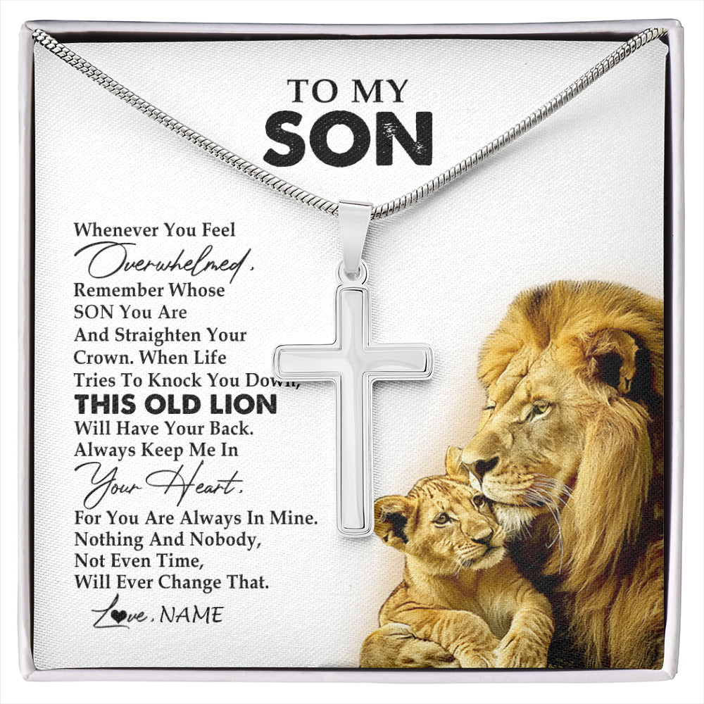 Stainless Cross Necklace Stainless Steel | 1 | Personalized To My Son Necklace from Dad Father Whenever You Fell Overwhelmed Lion Son Birthday Graduation Christmas Jewelry Customized Gift Box Message Card | siriusteestore