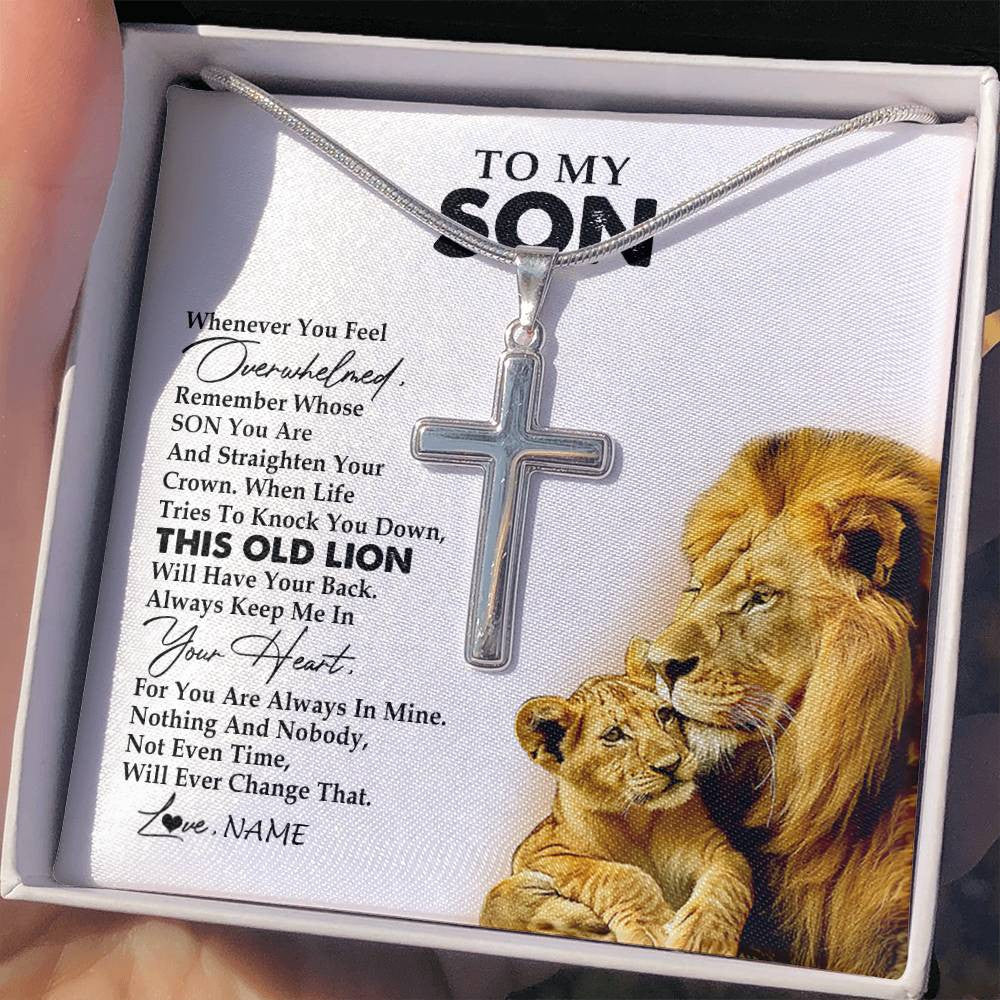 Stainless Cross Necklace Stainless Steel | 2 | Personalized To My Son Necklace from Dad Father Whenever You Fell Overwhelmed Lion Son Birthday Graduation Christmas Jewelry Customized Gift Box Message Card | siriusteestore