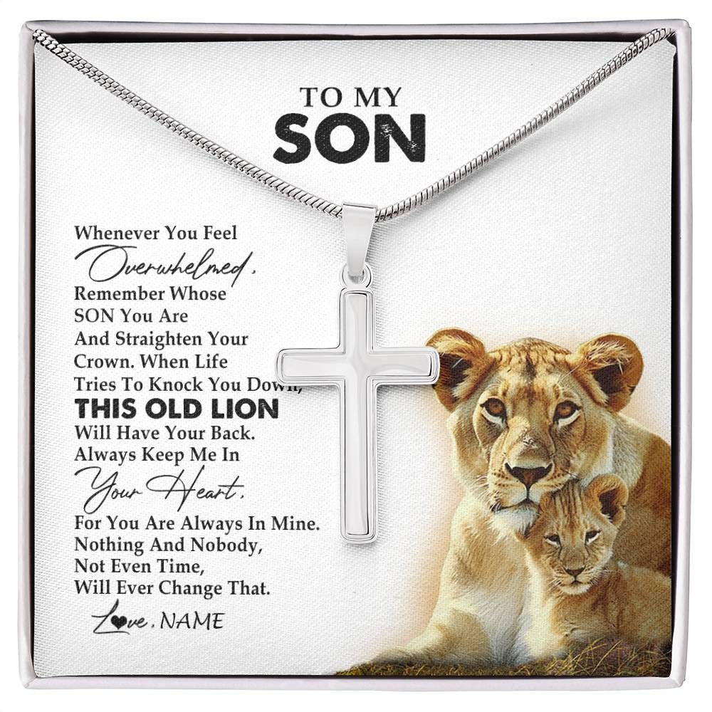 Stainless Cross Necklace Stainless Steel | 1 | Personalized To My Son Necklace from Mom Mother Whenever You Fell Overwhelmed Lion Son Birthday Graduation Christmas Jewelry Customized Gift Box Message Card | siriusteestore
