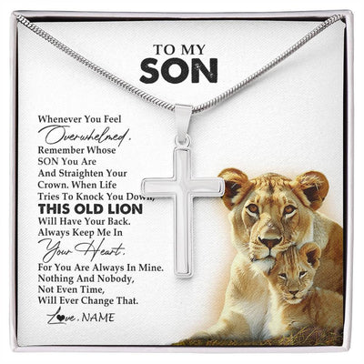 Stainless Cross Necklace Stainless Steel | 1 | Personalized To My Son Necklace from Mom Mother Whenever You Fell Overwhelmed Lion Son Birthday Graduation Christmas Jewelry Customized Gift Box Message Card | siriusteestore