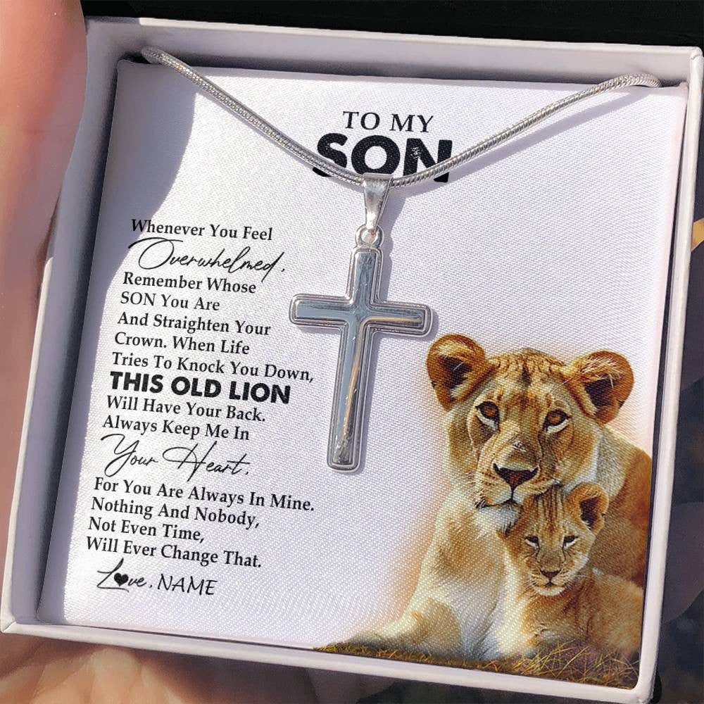 Stainless Cross Necklace Stainless Steel | 2 | Personalized To My Son Necklace from Mom Mother Whenever You Fell Overwhelmed Lion Son Birthday Graduation Christmas Jewelry Customized Gift Box Message Card | siriusteestore