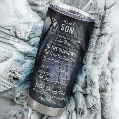 Personalized To My Son Tumbler From Mom Dad Father Mother Stainless Steel Cup Never Feel You Are Alone Wolf Son Birthday Graduation Christmas Travel Mug | siriusteestore