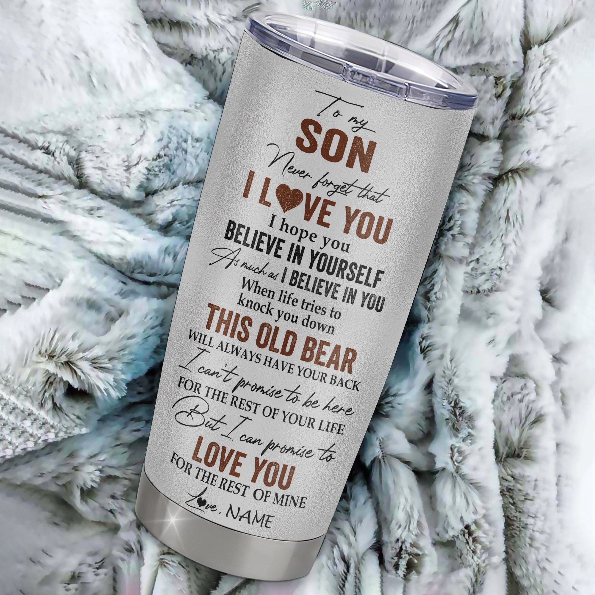 Personalized To My Son Tumbler From Mom Dad Father Mother Stainless Steel Cup Never Forget That I Love You Bear Son Birthday Graduation Christmas Travel Mug | siriusteestore