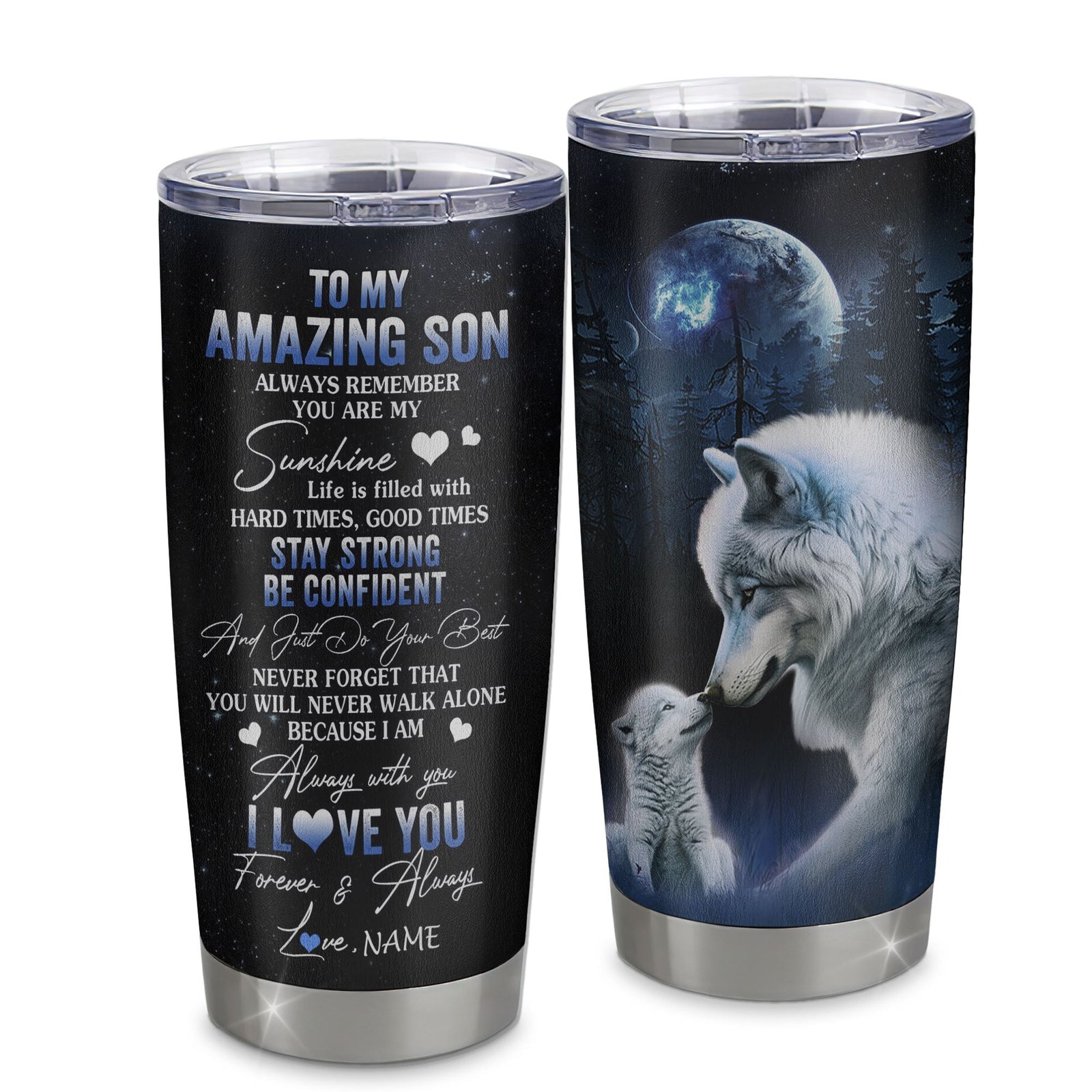 Personalized To My Son Tumbler From Mom Mother Dad Father Stainless Steel Cup Moon Wolf Son Birthday Gifts Graduation Christmas Custom Travel Mug | siriusteestore