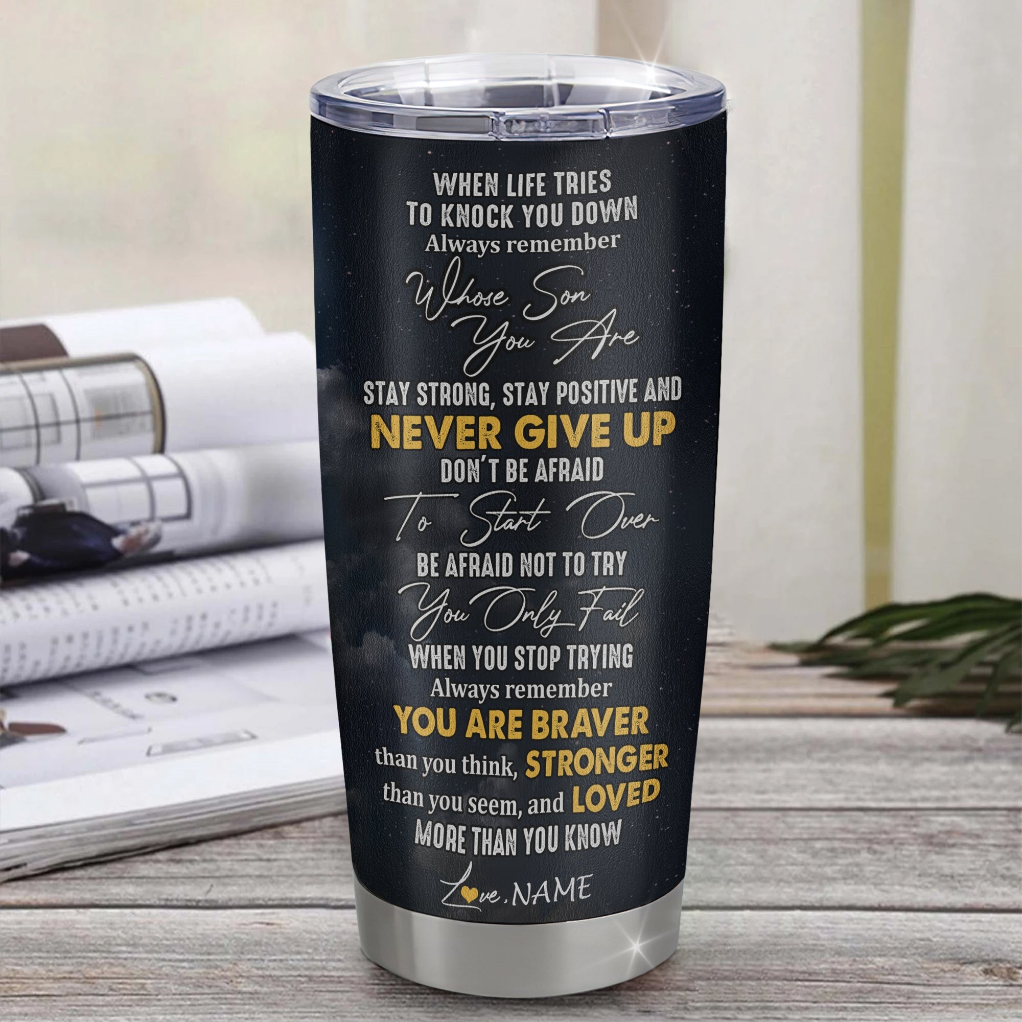 Personalized To My Son Tumbler From Mom Mother Stainless Steel Cup Lion Never Give Up Son Birthday Graduation Christmas Travel Mug | siriusteestore
