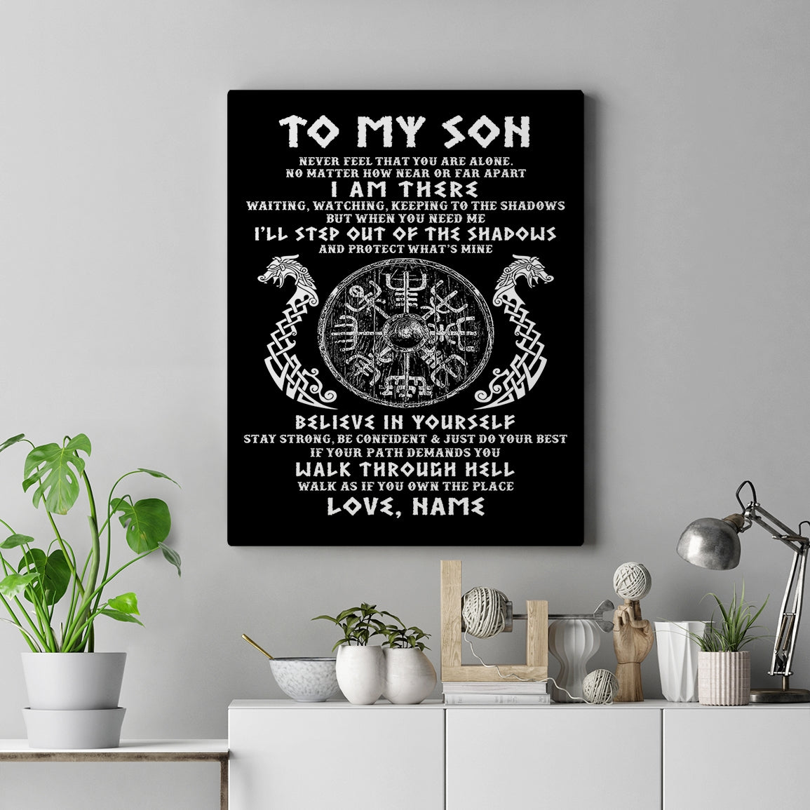 Personalized To My Son Viking Canvas Never Feel You Are Alone Odin Scandinavian Norse Runes Son Birthday Gifts Christmas Custom Wall Art Print Framed Canvas | siriusteestore