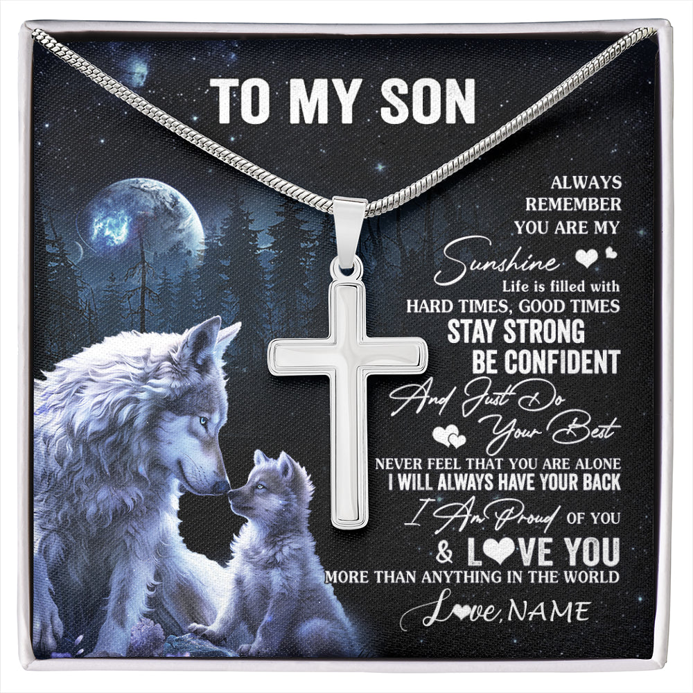 Stainless Cross Necklace Stainless Steel | 1 | Personalized To My Son Wolf Necklace From Mom Dad Mother Father Always Remember Son Birthday Graduation Christmas Customized Gift Box Message Card | siriusteestore