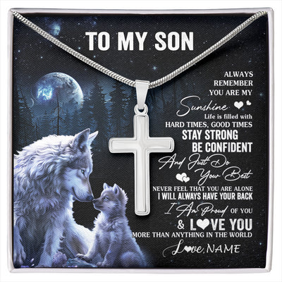 Stainless Cross Necklace Stainless Steel | 1 | Personalized To My Son Wolf Necklace From Mom Dad Mother Father Always Remember Son Birthday Graduation Christmas Customized Gift Box Message Card | siriusteestore