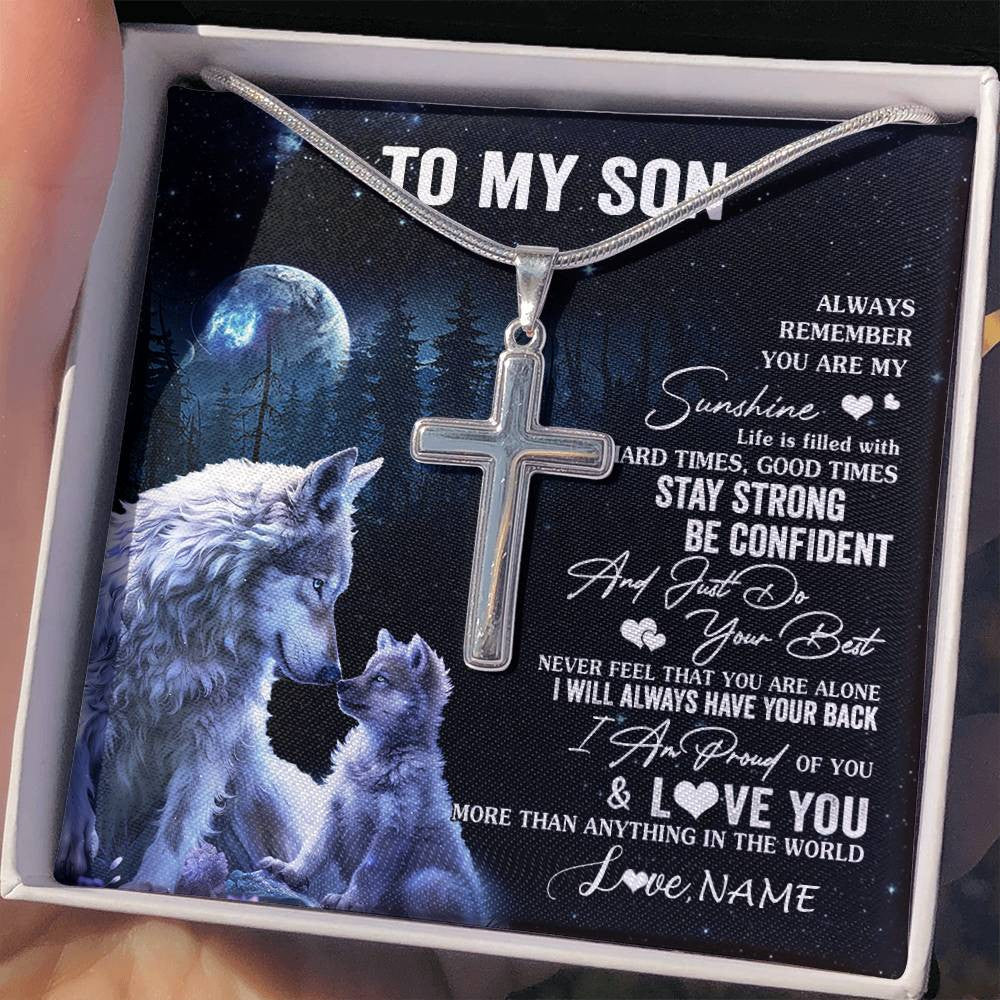 Stainless Cross Necklace Stainless Steel | 2 | Personalized To My Son Wolf Necklace From Mom Dad Mother Father Always Remember Son Birthday Graduation Christmas Customized Gift Box Message Card | siriusteestore