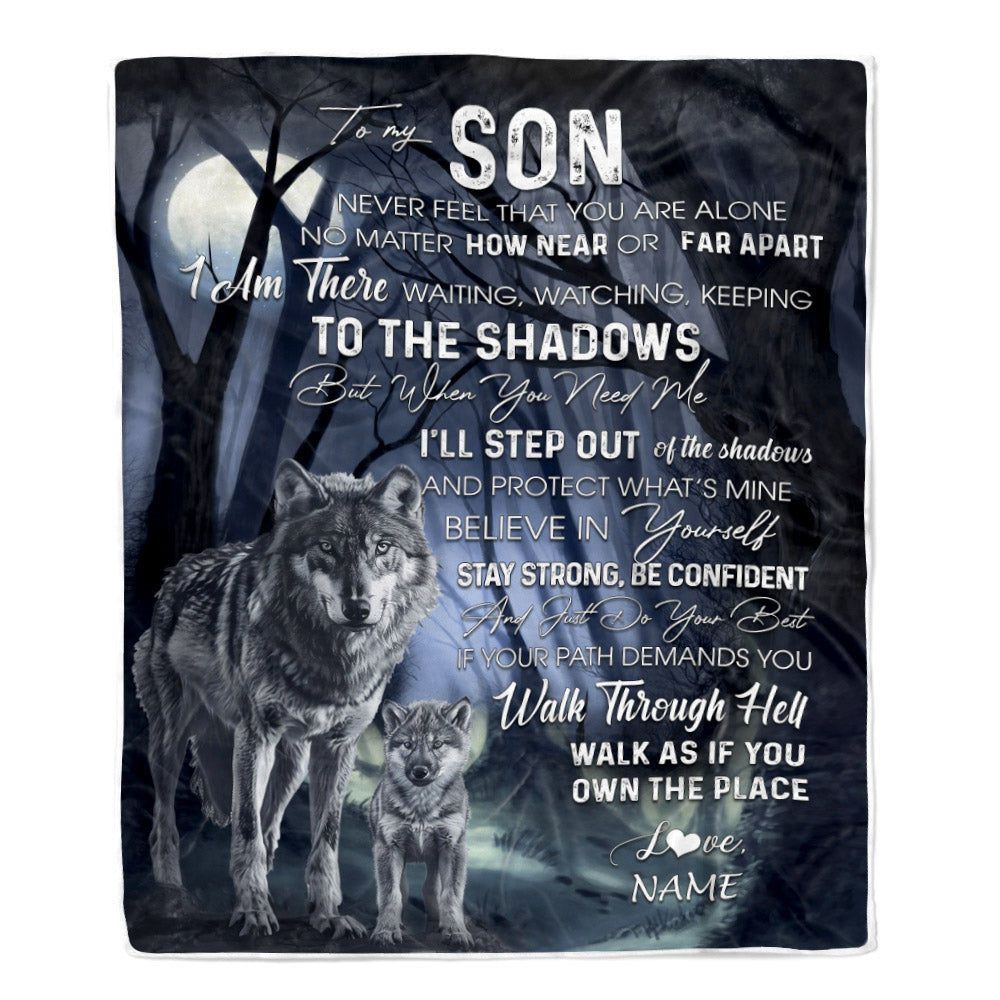 Personalized To My Son from Mom Blanket Never Feel You Are Alone Wolf Moon Night Dark Forest Family Love Son Birthday Christmas Customized Fleece Blanket | siriusteestore