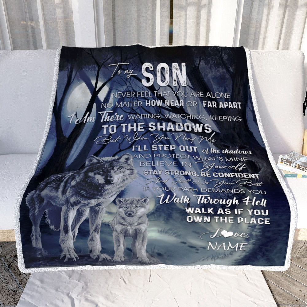 Personalized To My Son from Mom Blanket Never Feel You Are Alone Wolf Moon Night Dark Forest Family Love Son Birthday Christmas Customized Fleece Blanket | siriusteestore