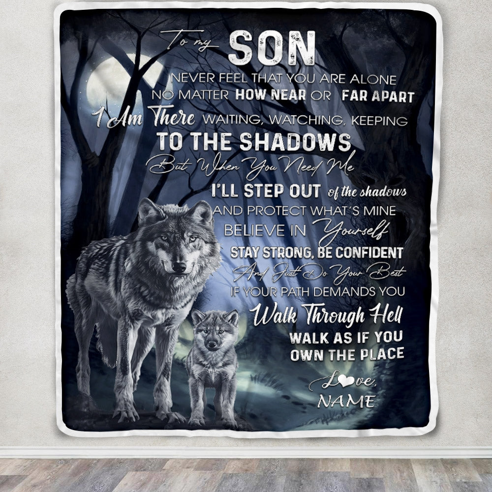 Personalized To My Son from Mom Blanket Never Feel You Are Alone Wolf Moon Night Dark Forest Family Love Son Birthday Christmas Customized Fleece Blanket | siriusteestore